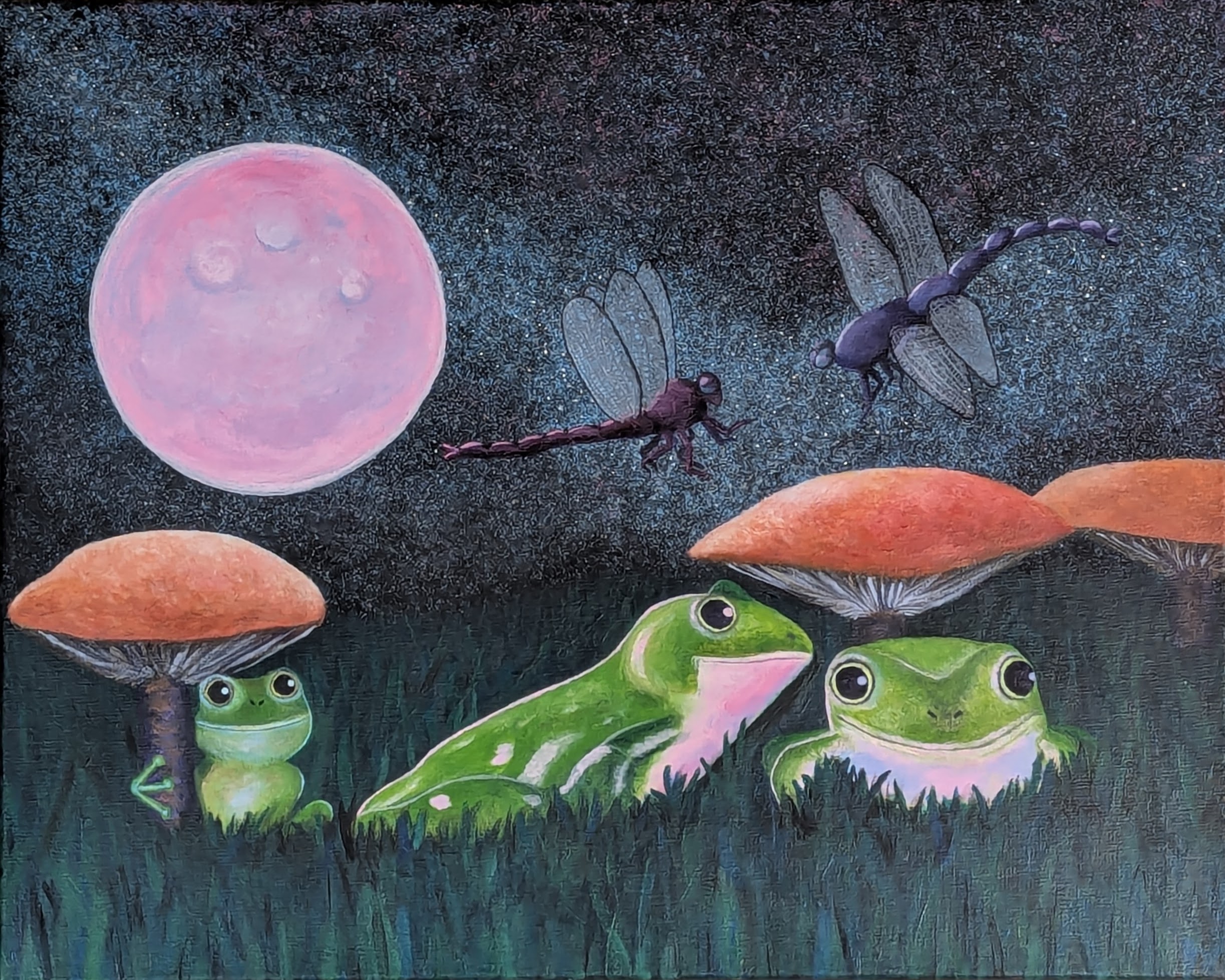 Colorful painting of a pink moon with dragonflies, mushrooms, and frogs