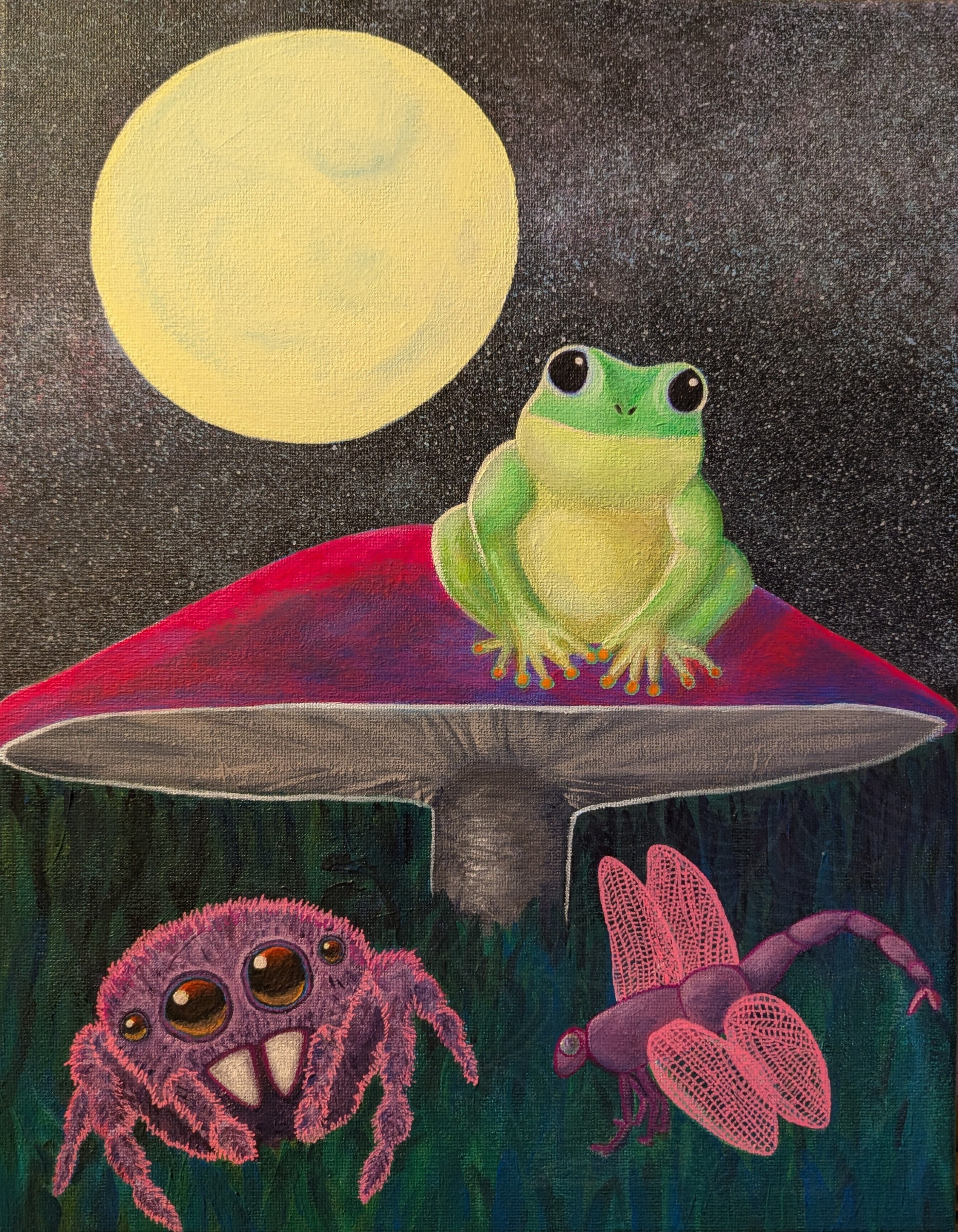 Frog under mushroom with moonlit sky and insects